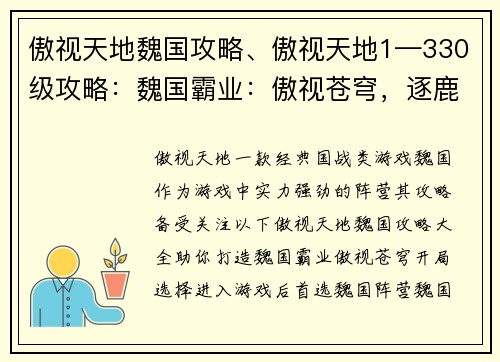 傲视天地魏国攻略、傲视天地1—330级攻略：魏国霸业：傲视苍穹，逐鹿天下