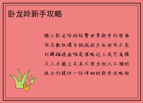 卧龙呤新手攻略