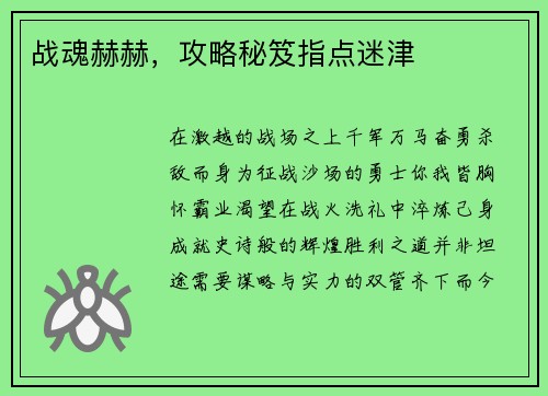 战魂赫赫，攻略秘笈指点迷津